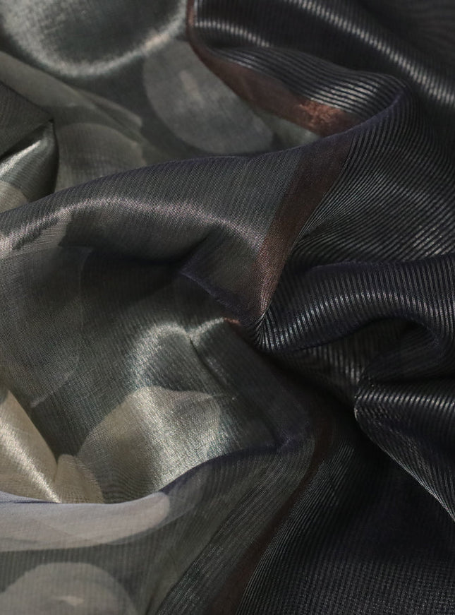 Tissue saree grey shade and black with allover floral digital prints and temple design zari woven border