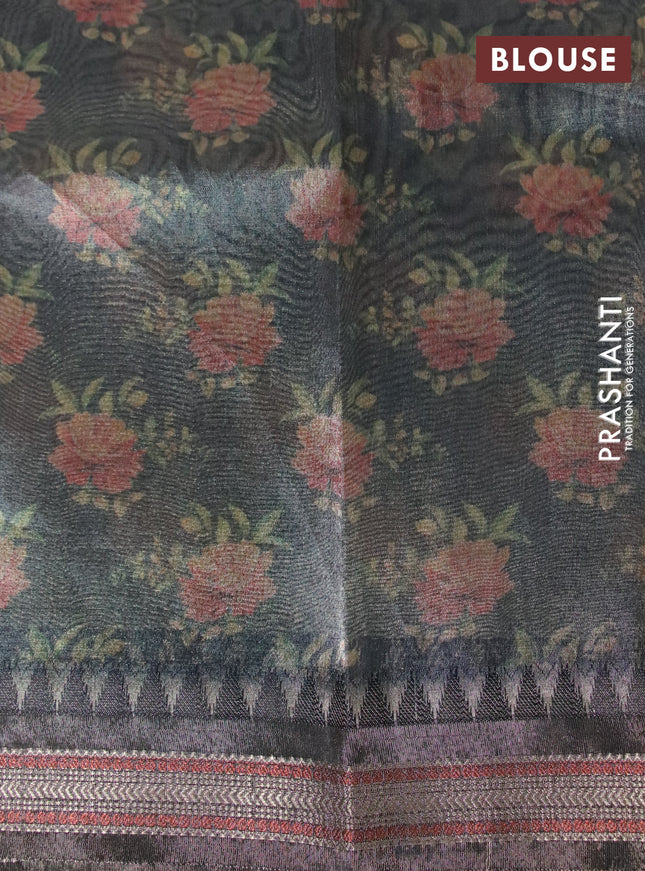 Tissue saree grey shade and black with allover floral digital prints and temple design zari woven border
