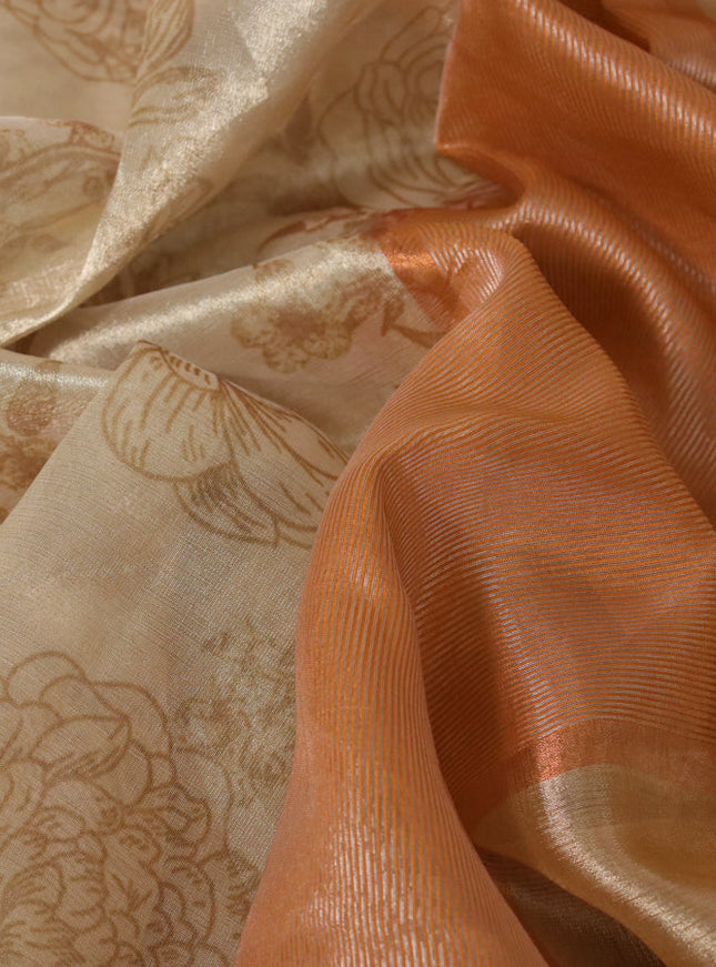 Tissue saree sandal and yellow with allover floral digital prints and temple design zari woven border