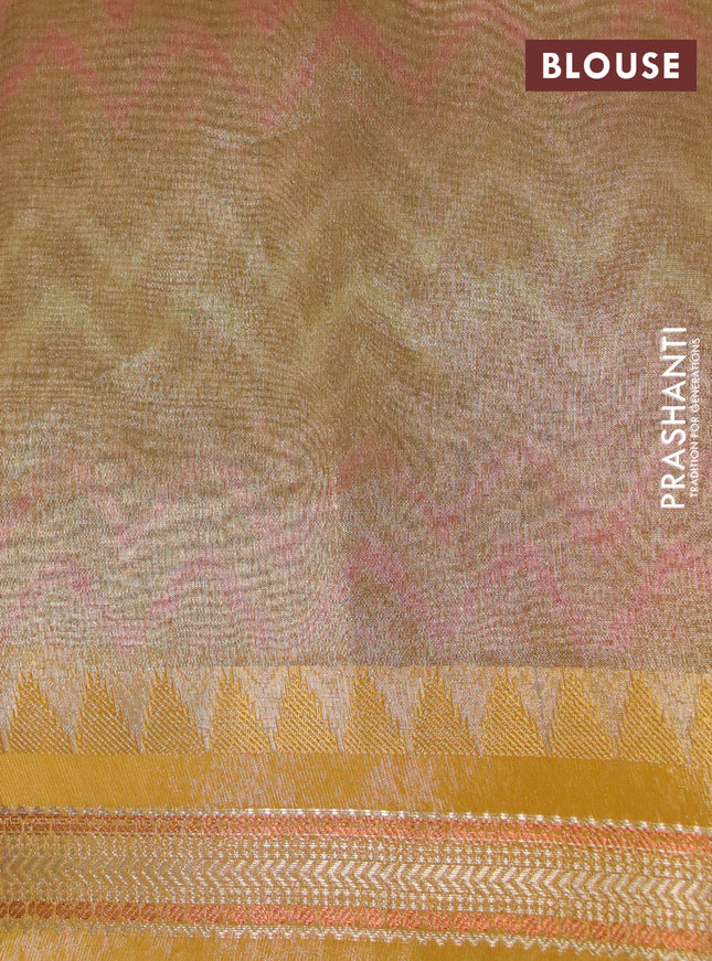 Tissue saree sandal and yellow with allover floral digital prints and temple design zari woven border