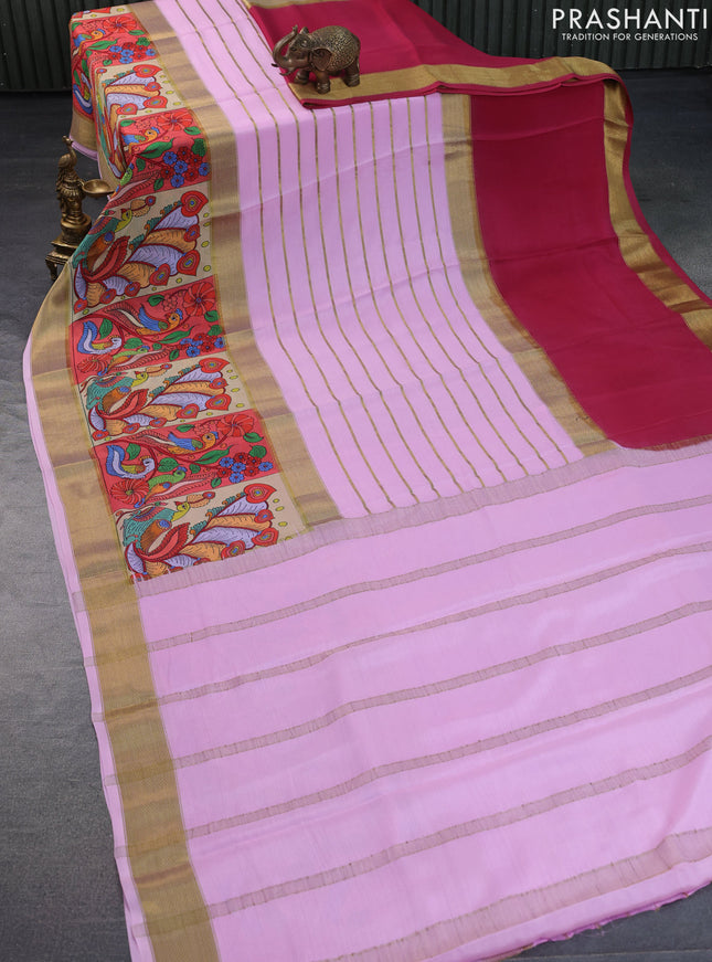 Pure mysore silk saree light pink and dark pink with zari woven stripes pattern and rettapet zari woven printed border