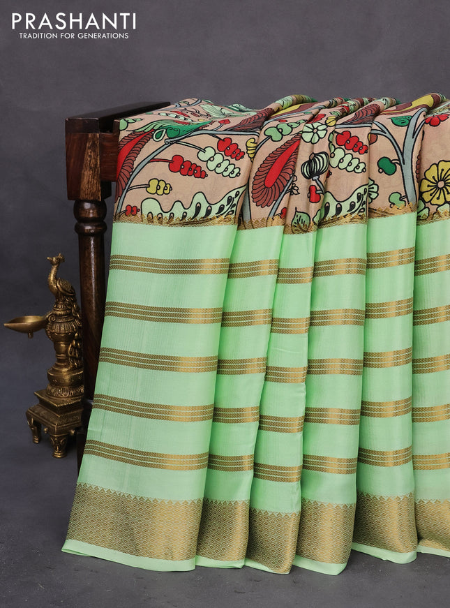 Pure mysore silk saree sandal and pista green with allover digital prints & zari weaves and long zari woven border