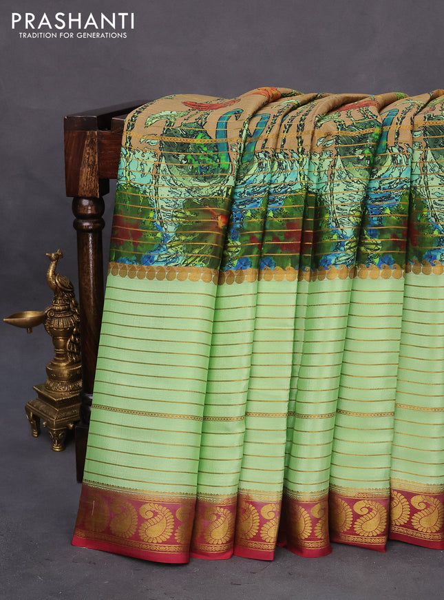 Pure mysore silk saree dark sandal and pista green maroon with allover digital prints & zari weaves and long zari woven border