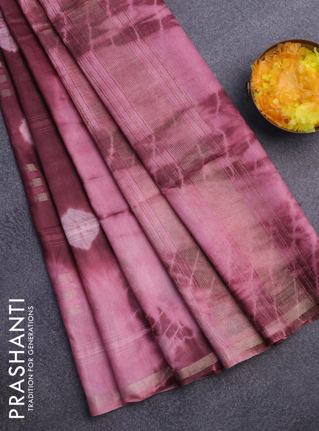 Bamboo saree deep maroon and peach pink with allover zari woven buttas & batik prints and small zari woven border