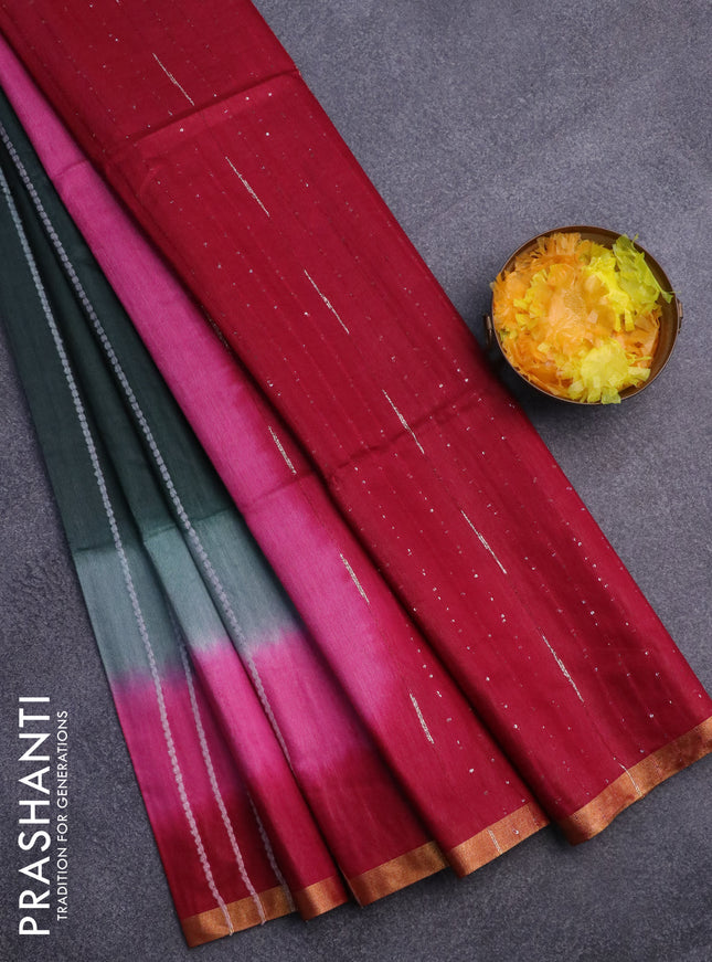 Bamboo saree bottle green and dark pink with allover thread weaves and sequin work pallu & zari border