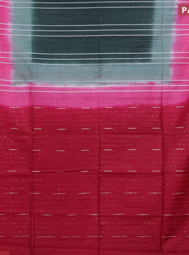 Bamboo saree bottle green and dark pink with allover thread weaves and sequin work pallu & zari border