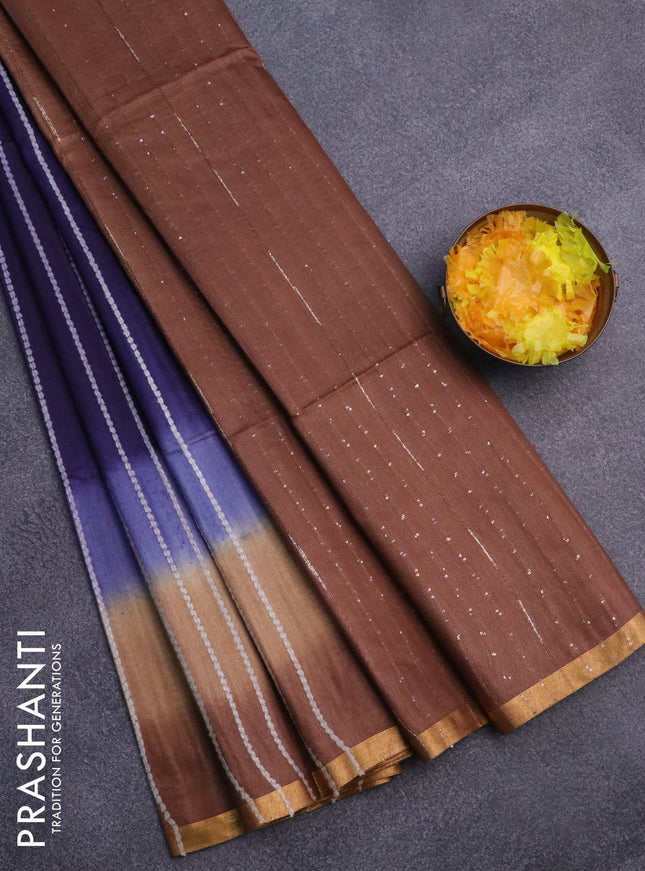 Bamboo saree navy blue and brown with allover thread weaves and sequin work pallu & zari border