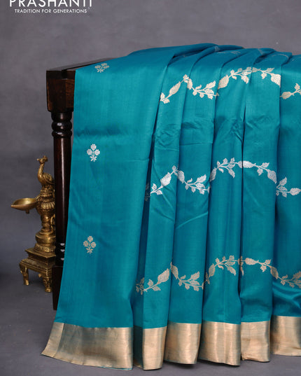 Banarasi poona silk saree cs blue with silver & gold zari weaves and zari woven border