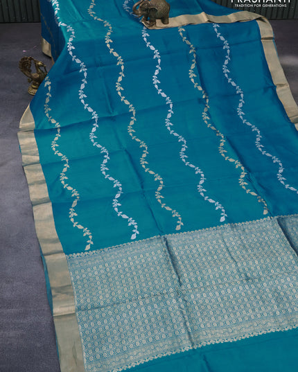 Banarasi poona silk saree cs blue with silver & gold zari weaves and zari woven border