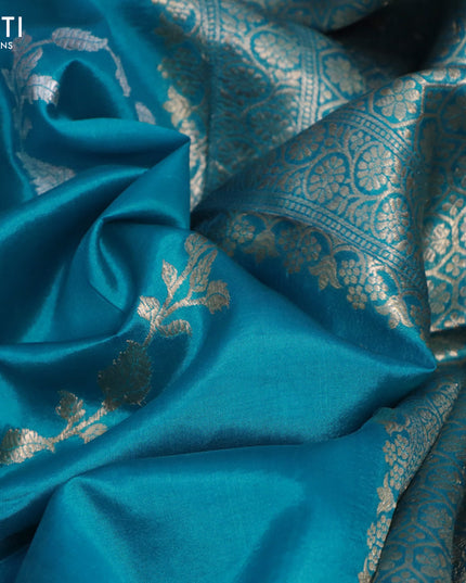 Banarasi poona silk saree cs blue with silver & gold zari weaves and zari woven border