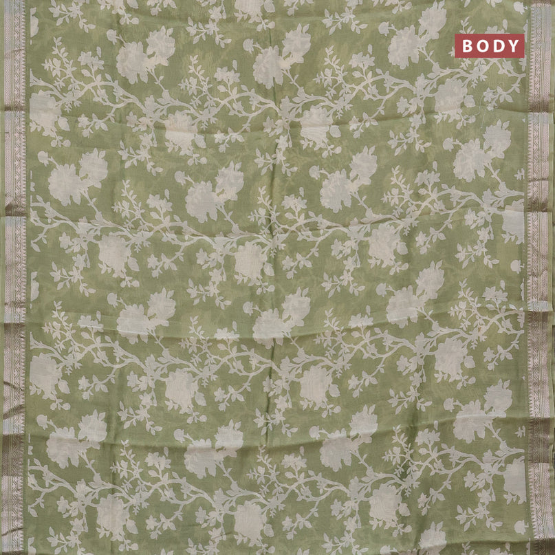 Chanderi silk cotton saree pista green with allover floral prints and zari woven border