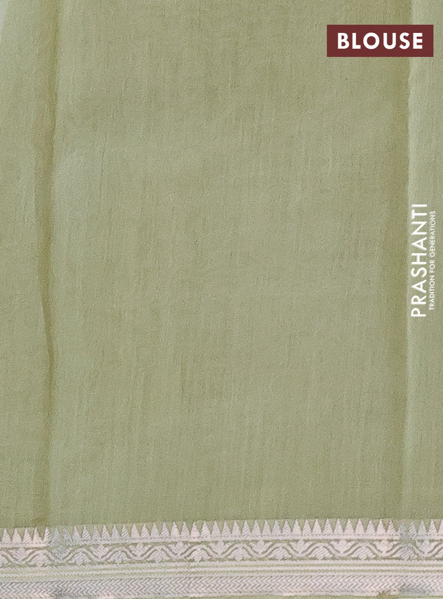 Chanderi silk cotton saree pista green with allover floral prints and zari woven border