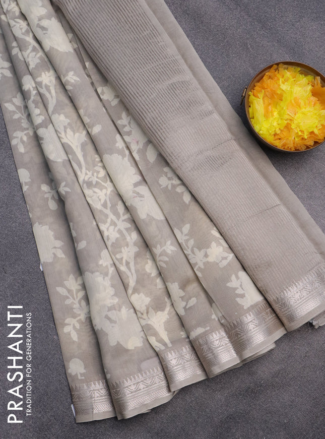 Chanderi silk cotton saree grey shade with allover floral prints and zari woven border