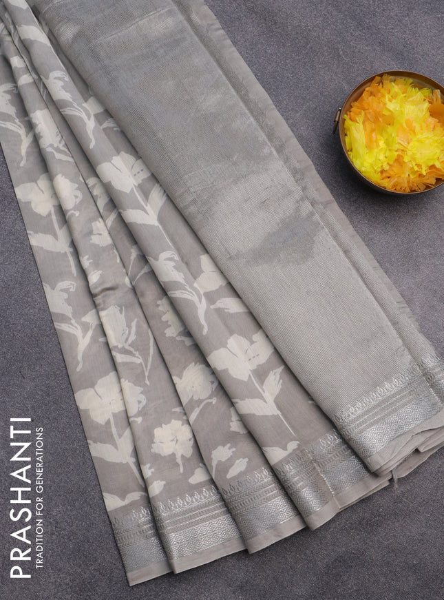 Chanderi silk cotton saree grey shade with allover floral prints and silver zari woven border