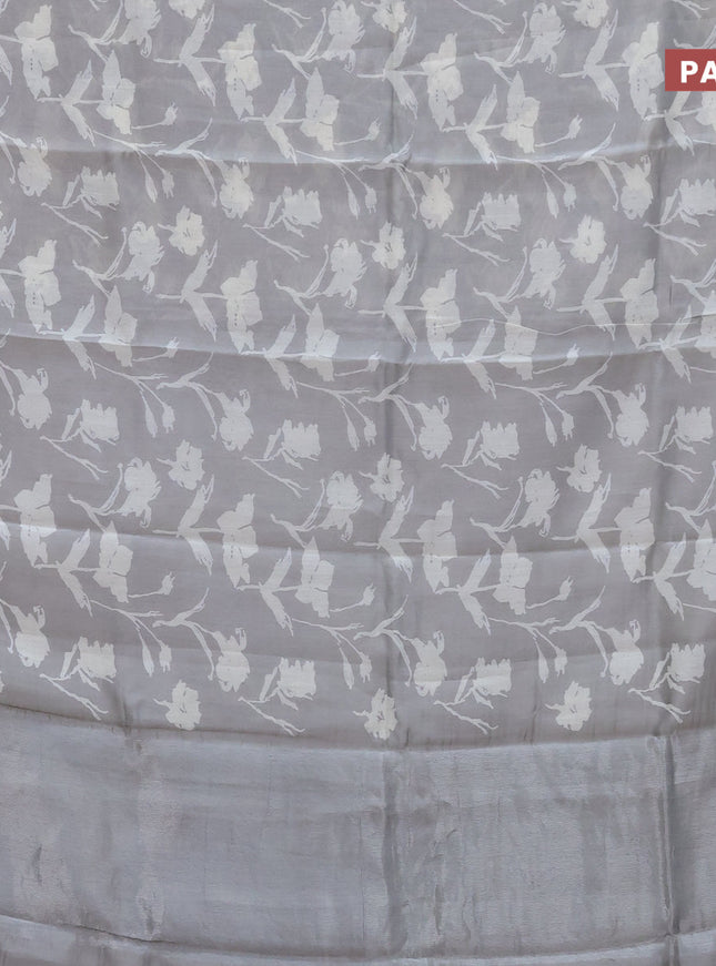 Chanderi silk cotton saree grey shade with allover floral prints and silver zari woven border