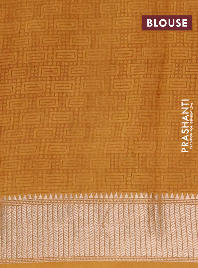 Assam silk saree mustard yellow with allover floral prints and zari woven border