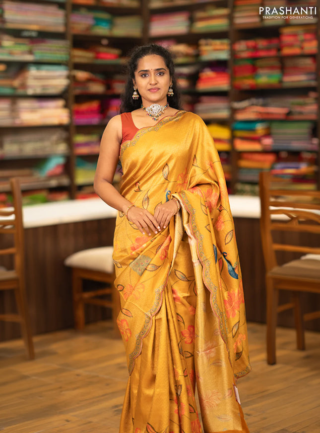 Banarasi silk saree mustard yellow with allover floral prints and scallop design border