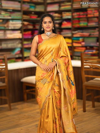 Banarasi silk saree mustard yellow with allover floral prints and scallop design border