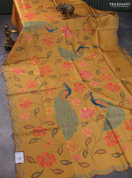 Banarasi silk saree mustard yellow with allover floral prints and scallop design border