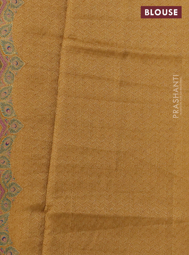 Banarasi silk saree mustard yellow with allover floral prints and scallop design border