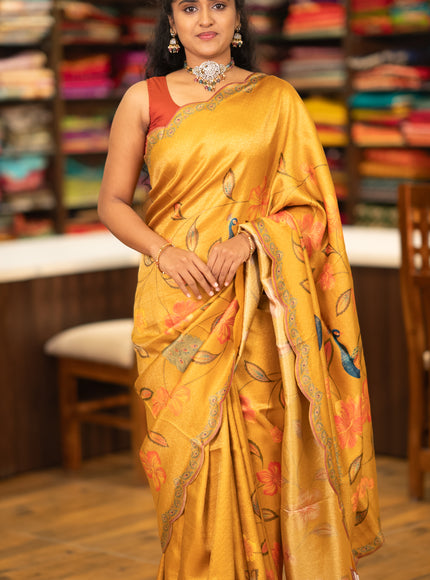 Banarasi silk saree mustard yellow with allover floral prints and scallop design border
