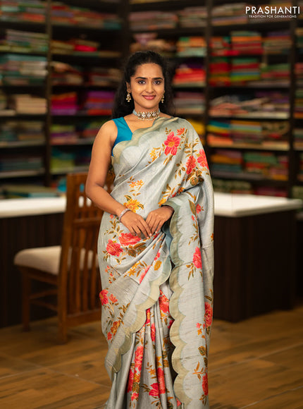 Banarasi silk saree pastel blue with allover floral prints and scallop design border