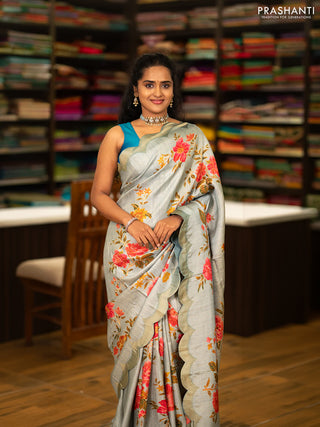 Banarasi silk saree pastel blue with allover floral prints and scallop design border
