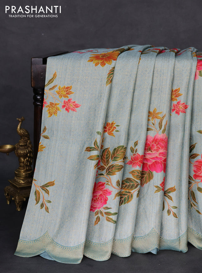 Banarasi silk saree pastel blue with allover floral prints and scallop design border