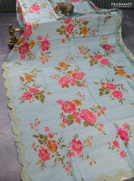 Banarasi silk saree pastel blue with allover floral prints and scallop design border