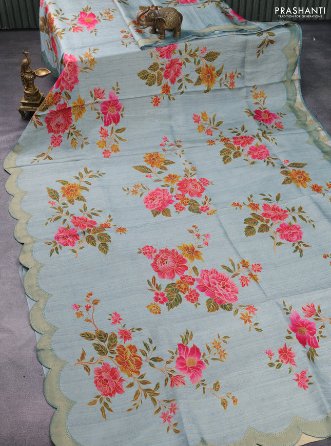 Banarasi silk saree pastel blue with allover floral prints and scallop design border