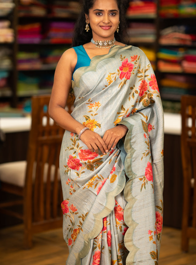 Banarasi silk saree pastel blue with allover floral prints and scallop design border