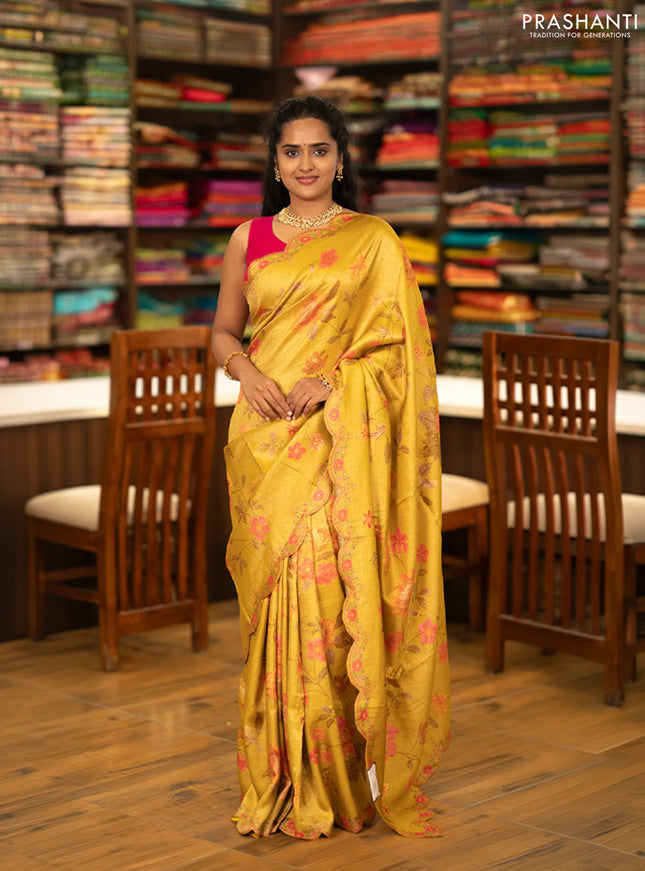 Banarasi silk saree yellow with allover floral prints and scallop design border