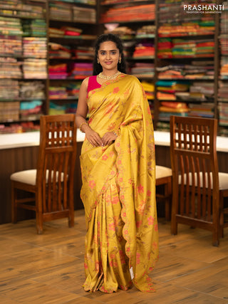 Banarasi silk saree yellow with allover floral prints and scallop design border