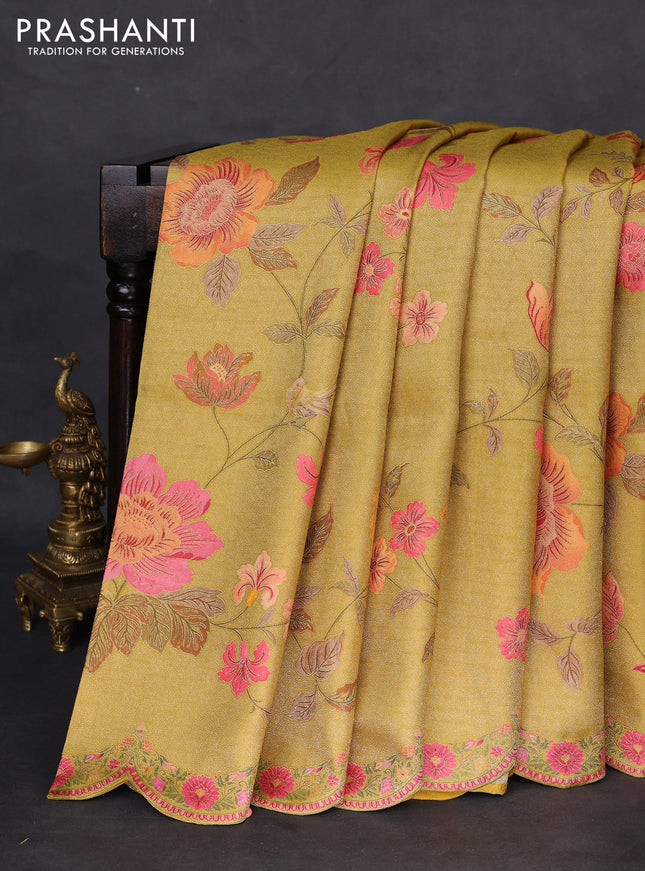 Banarasi silk saree yellow with allover floral prints and scallop design border
