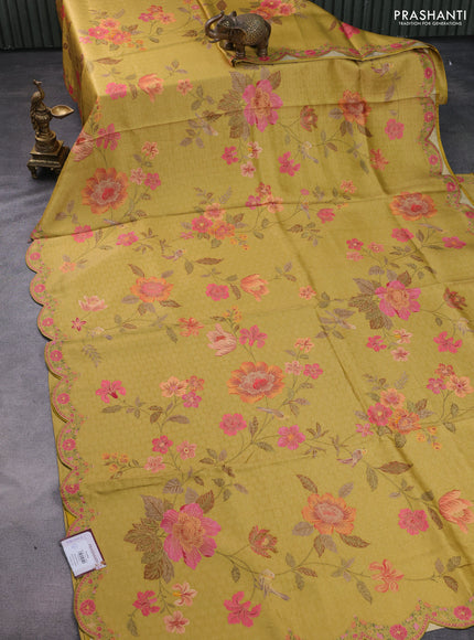 Banarasi silk saree yellow with allover floral prints and scallop design border