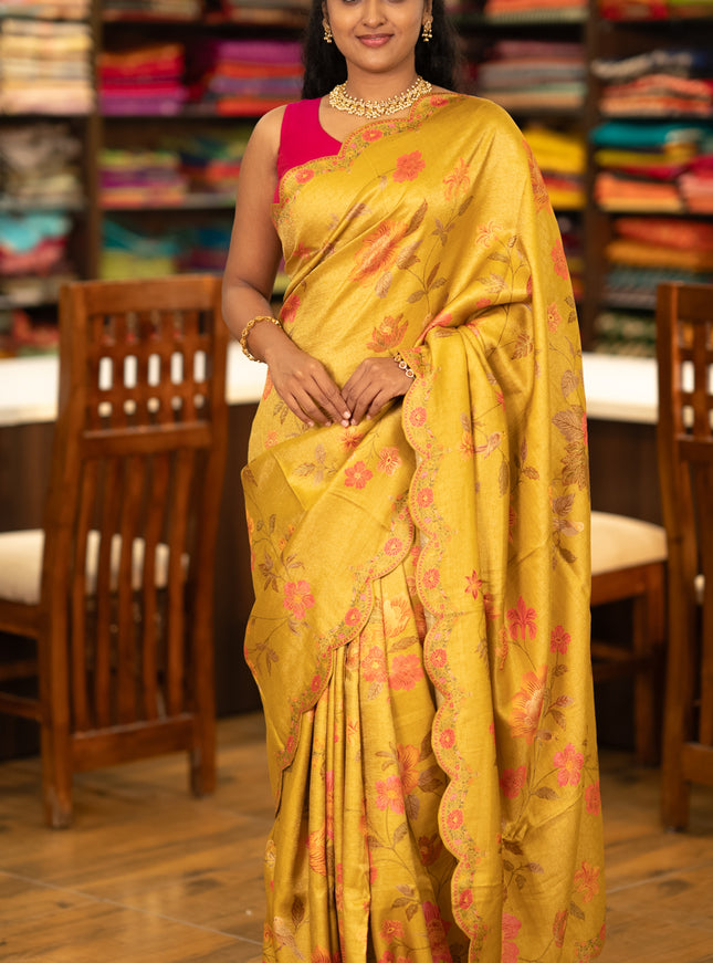 Banarasi silk saree yellow with allover floral prints and scallop design border