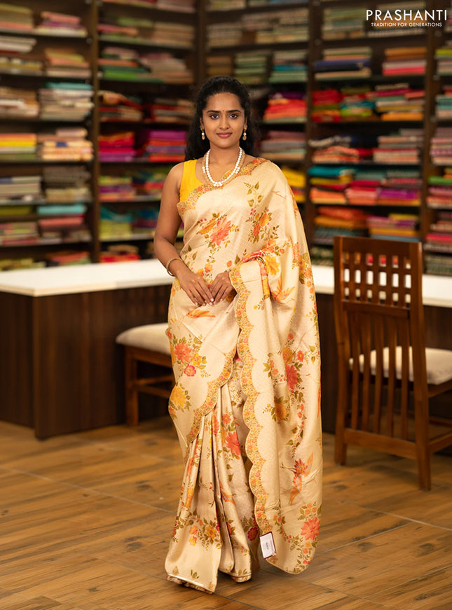Banarasi silk saree cream with allover floral prints and scallop design border