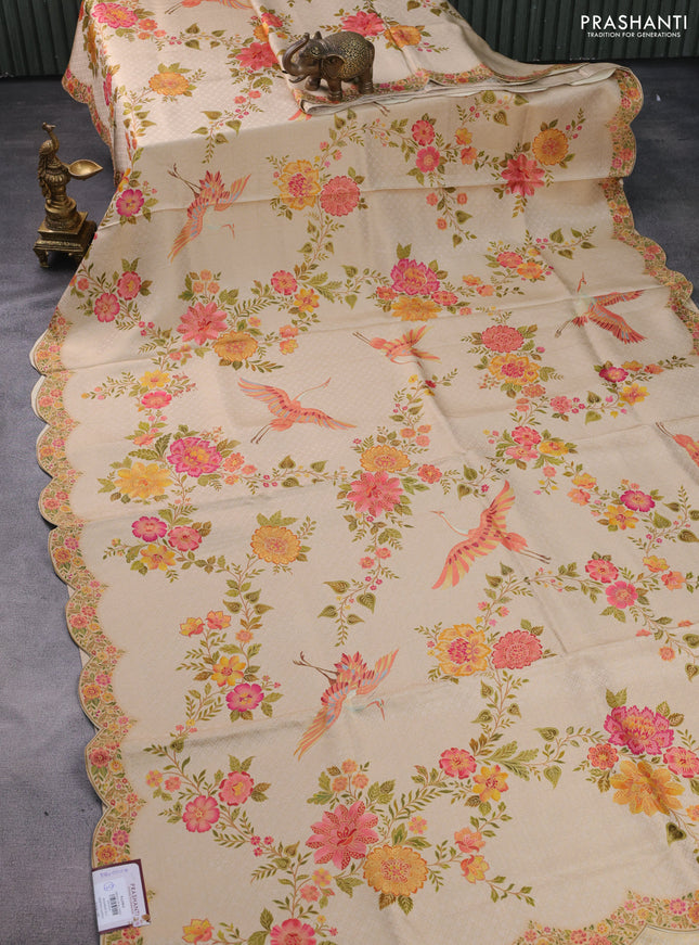 Banarasi silk saree cream with allover floral prints and scallop design border