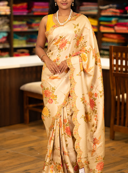 Banarasi silk saree cream with allover floral prints and scallop design border