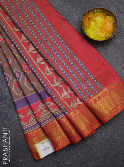Semi tussar saree dual shade of grey and dual shade of pink with allover ikat prints and zari woven border
