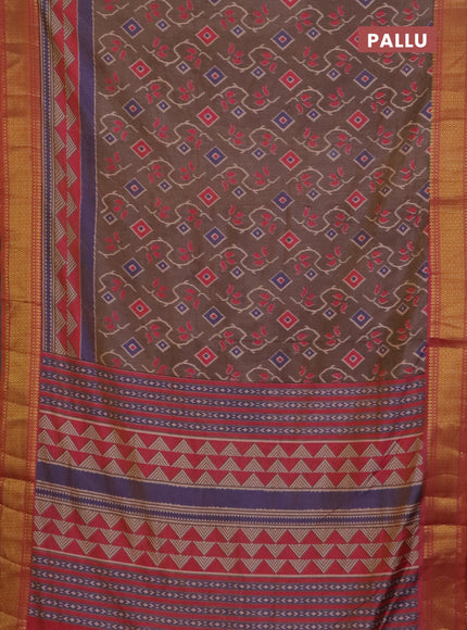 Semi tussar saree dual shade of grey and dual shade of pink with allover ikat prints and zari woven border