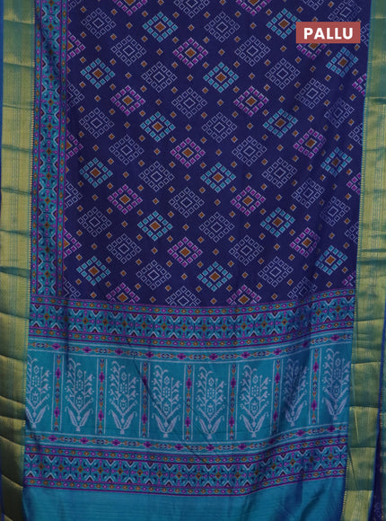 Semi tussar saree blue and cs blue with allover ikat prints and zari woven border