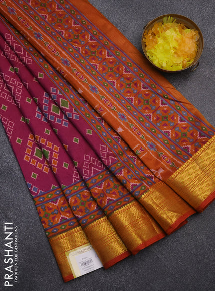Semi tussar saree dual shade of purple and rust shade with allover ikat prints and zari woven border