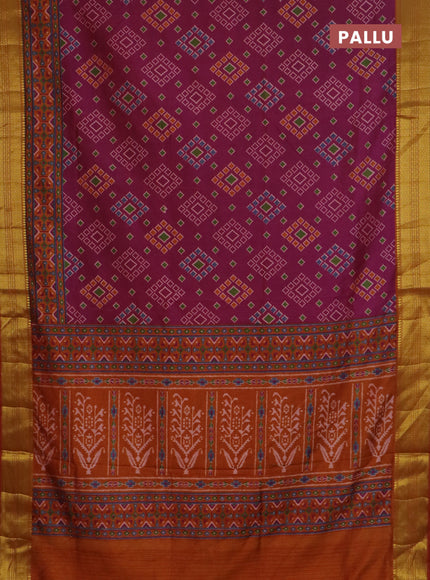 Semi tussar saree dual shade of purple and rust shade with allover ikat prints and zari woven border