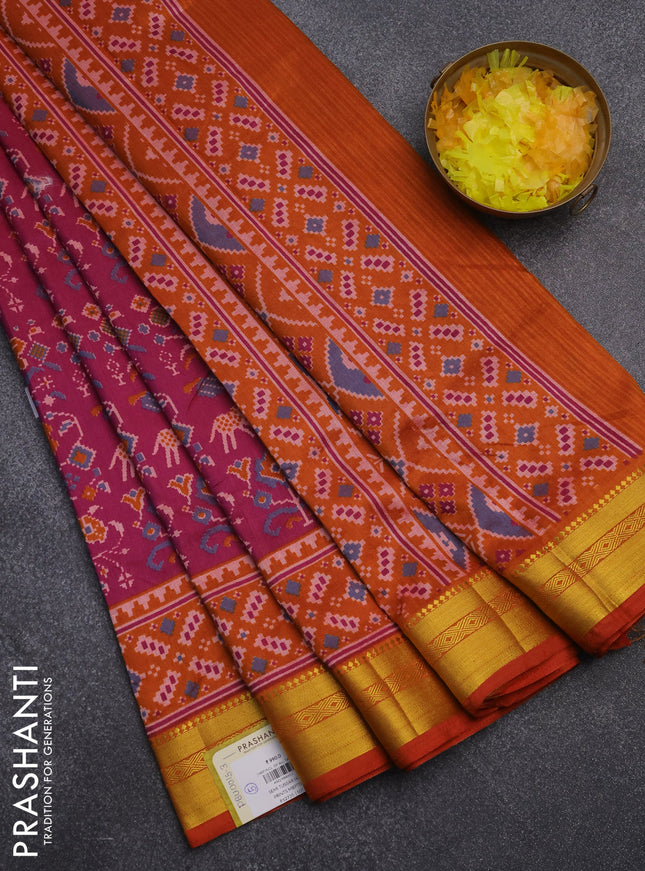 Semi tussar saree purple and dark mustard with allover ikat prints and zari woven border