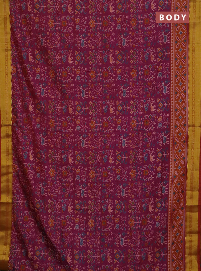 Semi tussar saree purple and dark mustard with allover ikat prints and zari woven border