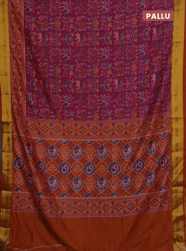 Semi tussar saree purple and dark mustard with allover ikat prints and zari woven border