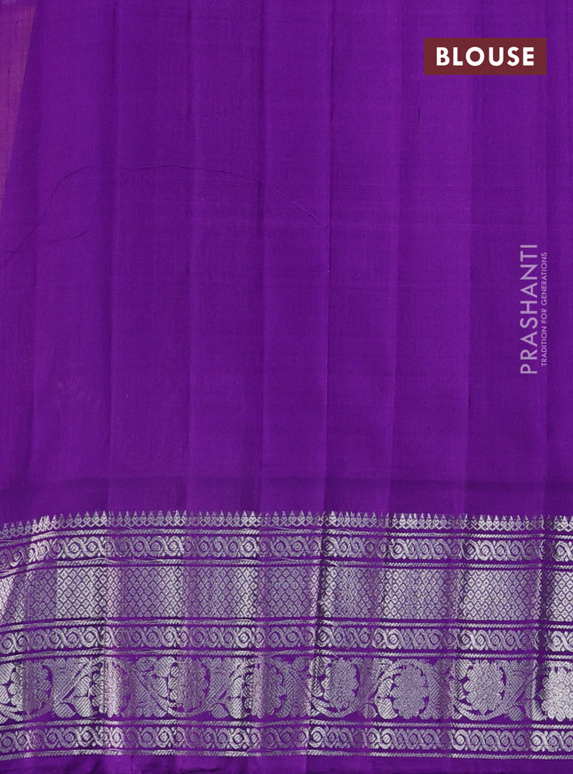 Pure gadwal silk saree dual shade of yellow and violet with allover stripe pattern & zari buttas and temple design simple border