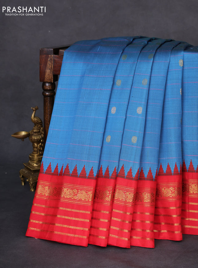 Pure gadwal silk saree cs blue and red with allover stripe pattern & zari buttas and temple design silver zari woven border