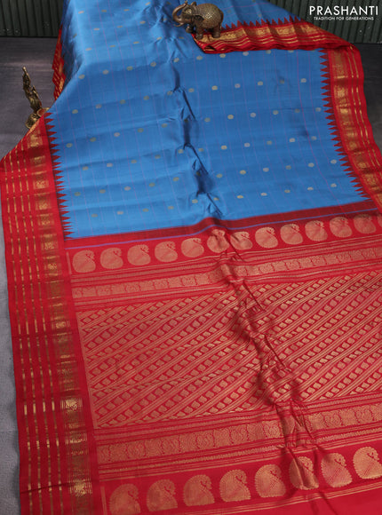Pure gadwal silk saree cs blue and red with allover stripe pattern & zari buttas and temple design silver zari woven border